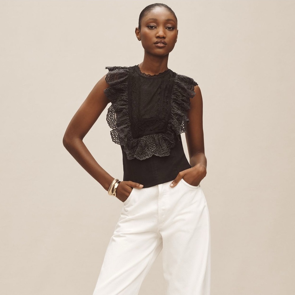 Anthropologie black lace bib racer back top XS